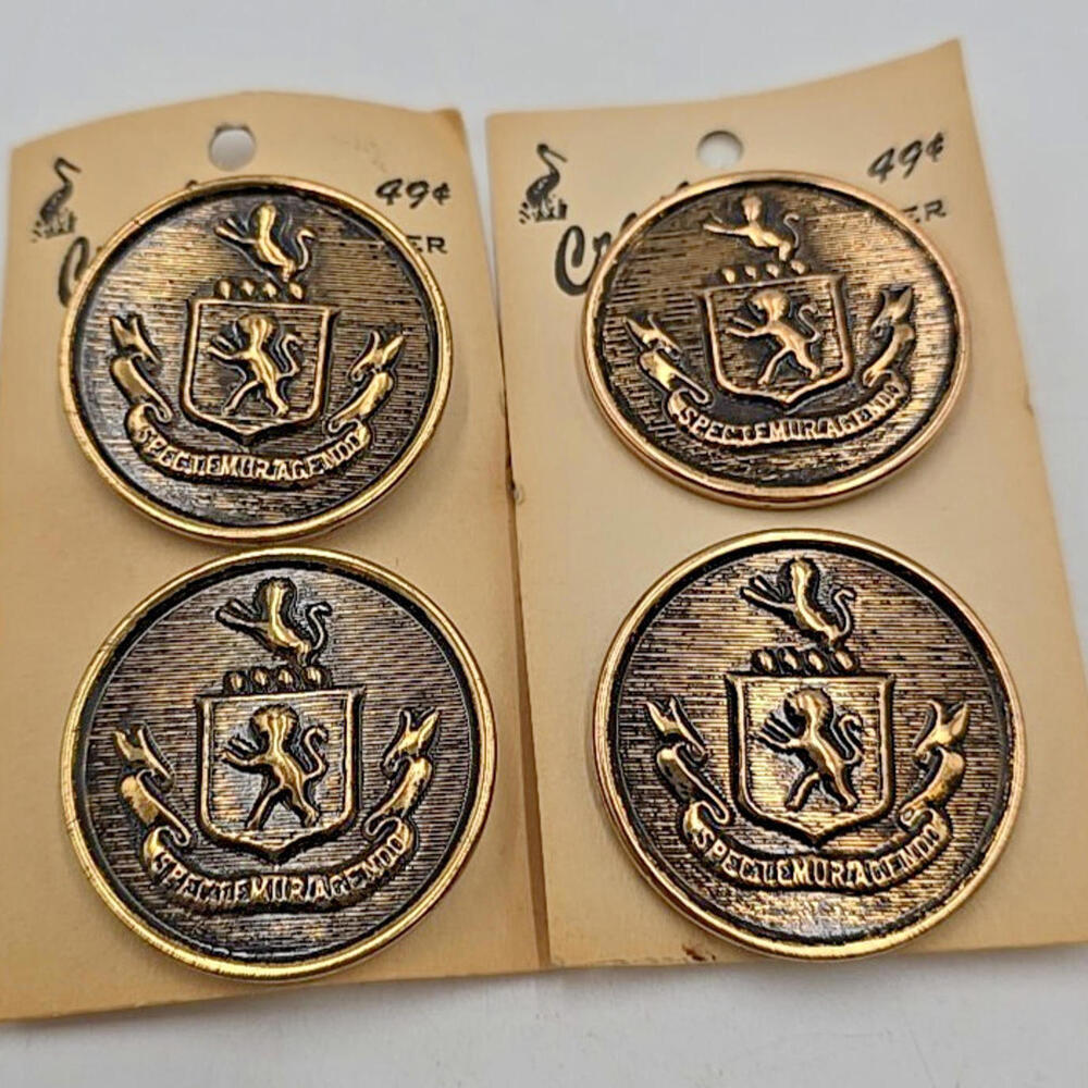 2 Vintage Crane Brand Spectemur Agendo Lion Crest Gold Tone Buttons New W/ Clips